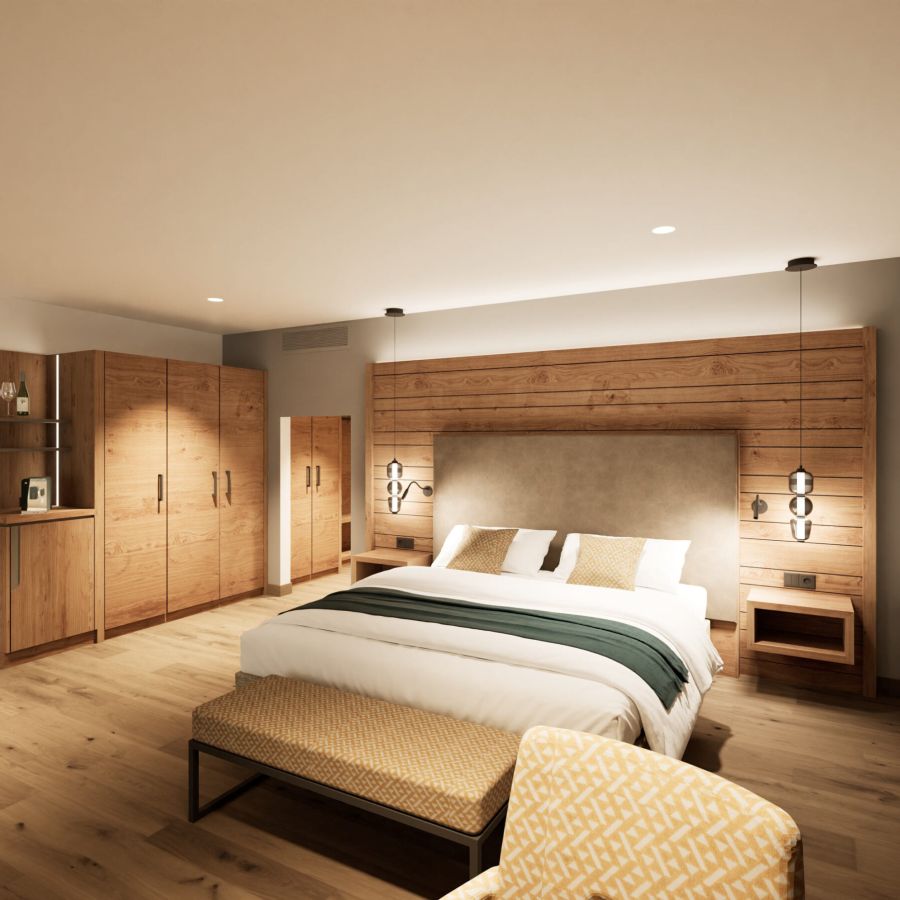 Doppelbett vor Holzwand mit Sitzbank in der Junior Suite des Hotels Churfürstenhof (Visualisierung)
