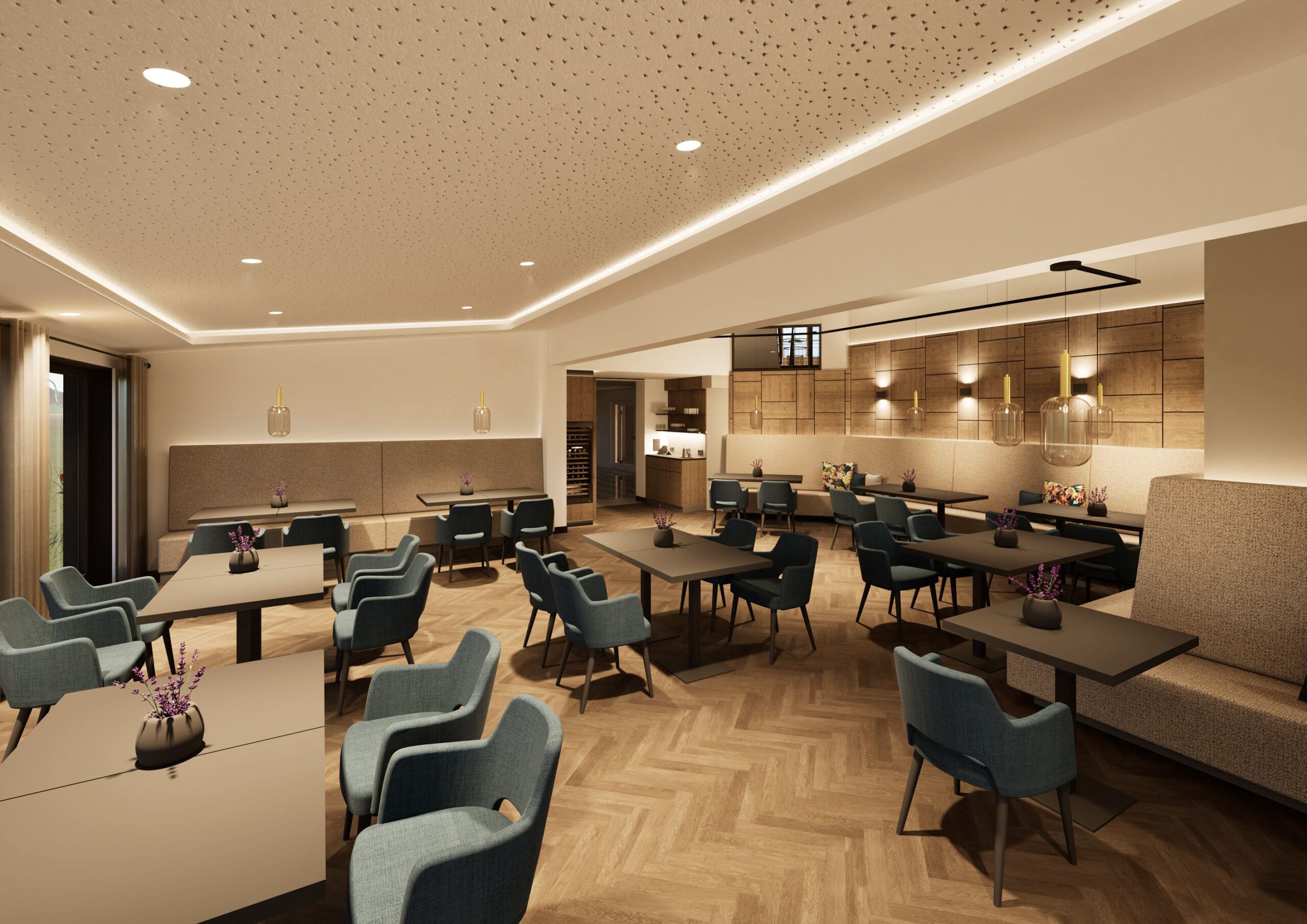 Modern gestalteter Restaurantbereich des Hotel Churfürstenhof mit Sitzgruppen und Fischgrätparkett