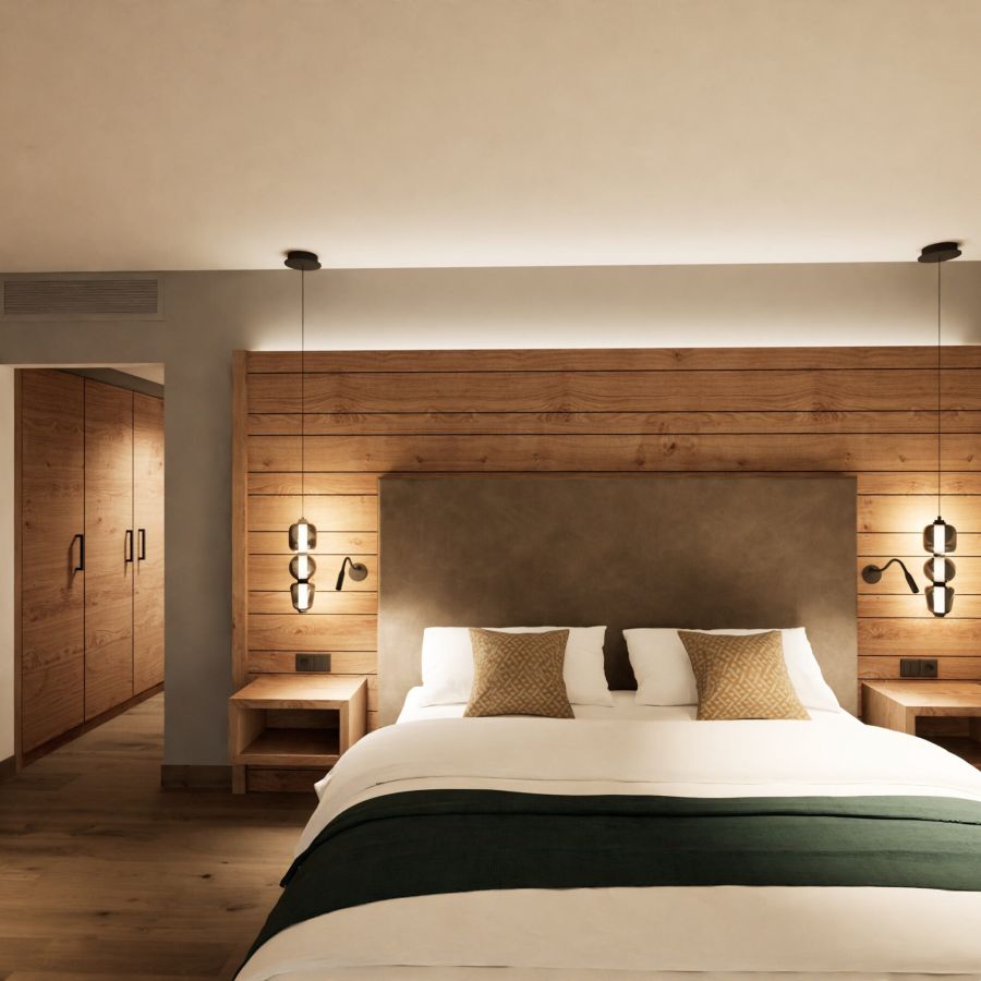 Junior Suite im Hotel Churfürstenhof: Doppelbett vor Holz-Kopfteil mit Pendelleuchten (Visualisierung)