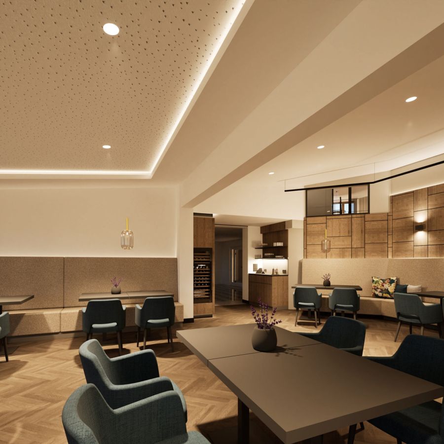 Restaurant im Hotel Churfürstenhof mit blauen Polsterstühlen, Sitzbänken und Weinschrank (Visualisierung)