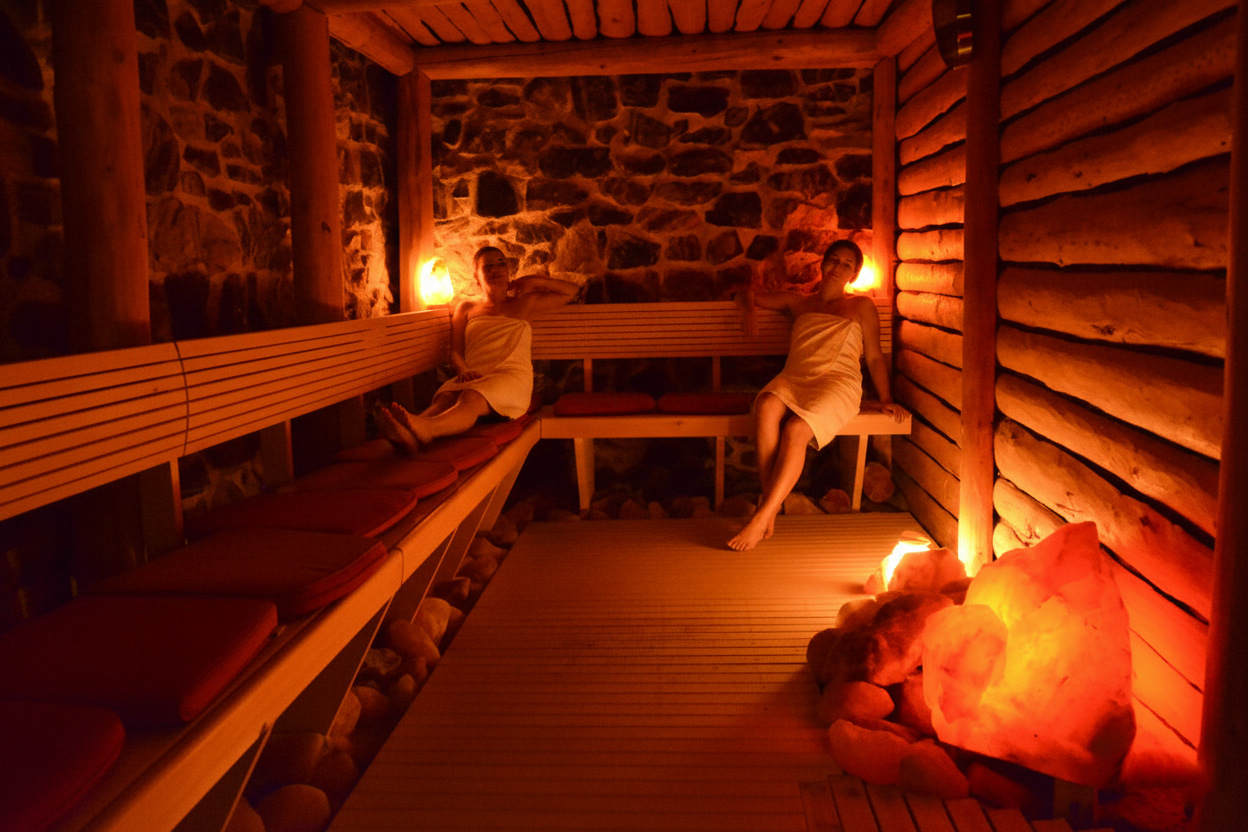 Entspannen mit allen Sinnen in der Salzsteingrotte die wie eine Höhle der Ruhe mit den Edelsteinsitzen wirkt.