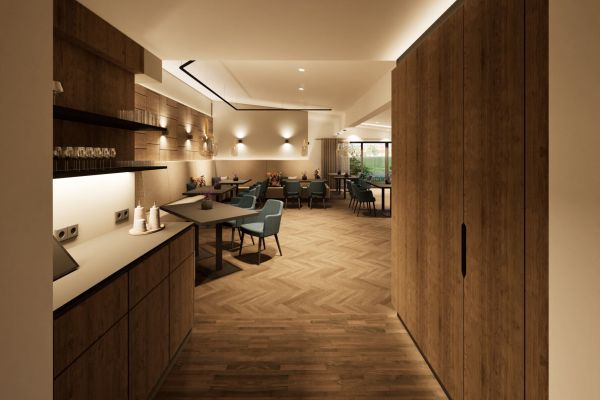 Visualisierung des Restaurants im Hotel Churfürstenhof mit Holzfronten, Fischgrätparkett und blauen Stühlen