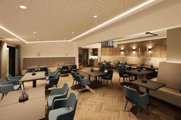 Modern gestalteter Restaurantbereich des Hotel Churfürstenhof mit Sitzgruppen und Fischgrätparkett